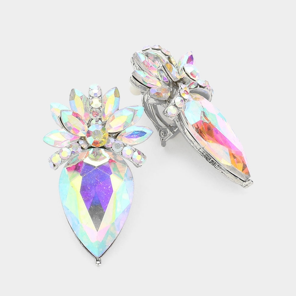 Crystal Abalone Clip On 2" Teardrop Stud Earrings Floral Fashion Accessory